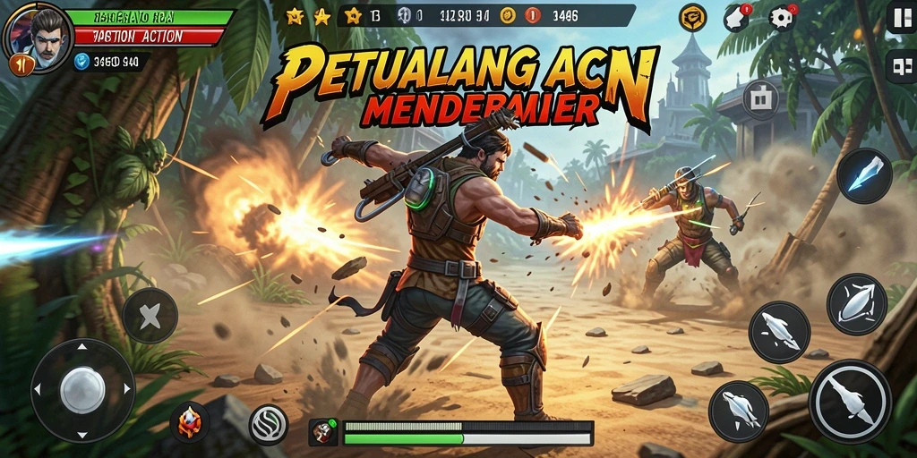 Tampilan menyerupai pertempuran intens dalam game Action.